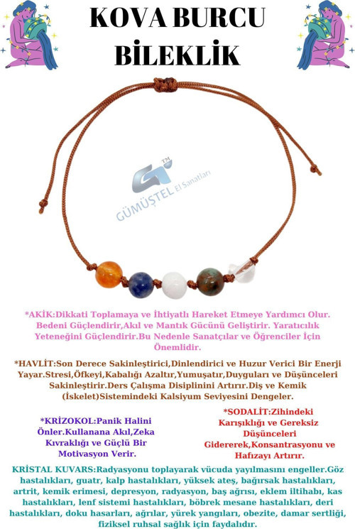 Sertifikalı Özel Tasarım Doğal Taş Kova Burcu Bileklik Akik Sodalit Havlit Krizokol Kristal Kuvars