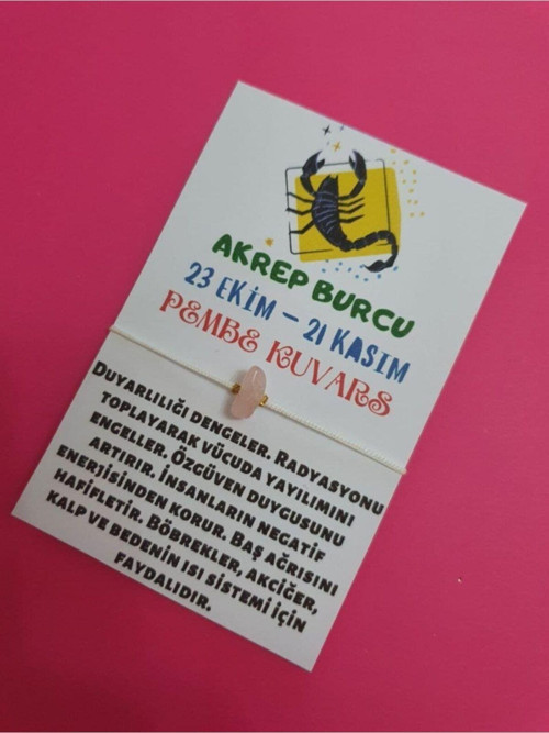 Sertifikalı Akrep Burcu Pembe Kuvars Doğal Taşlı Ip Burç Bilekliği