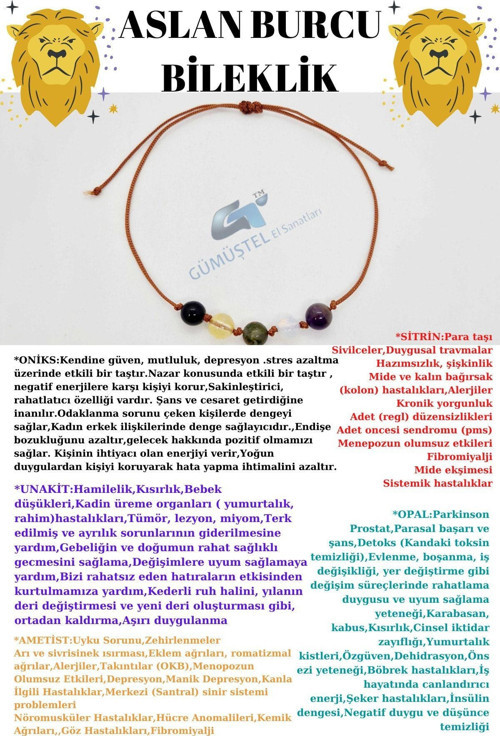 Sertifikalı Özel Tasarım Doğal Taş Aslan Burcu Bileklik Oniks Sitrin Unakit Opal Ametist