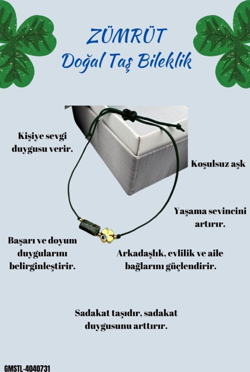 Sertifikalı Zümrüt Doğal Taş Bileklik Yonca Obje Detaylı Makrome Örgülü Kilit El Işçiliği