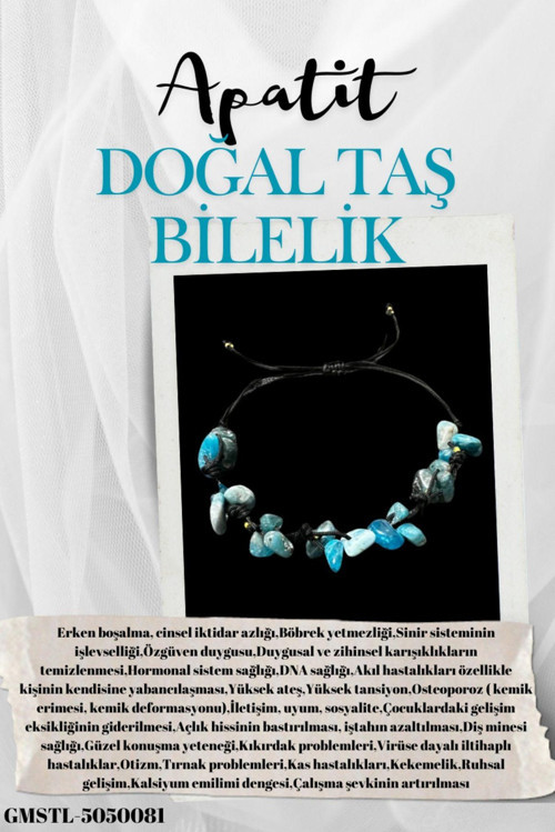 Sertifikalı Doğal Taş Apatit Bileklik Özel Tasarım El Yapımı Asansör Kilit Sistemi