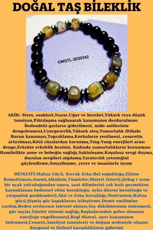 Sertifikalı Orijinal Doğal Taş Bileklik Akik Hematit Sürpriz Hediyeli