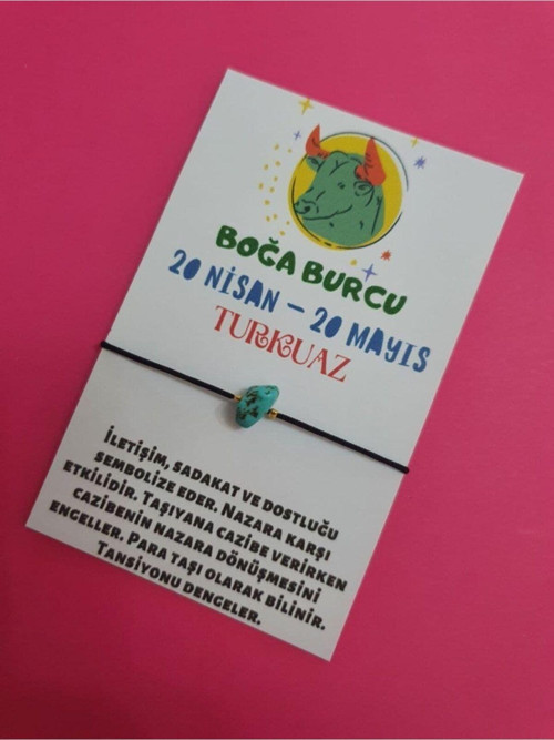 Sertifikalı Boğa Burcu Turkuaz Doğal Taşlı Ip Burç Bilekliği