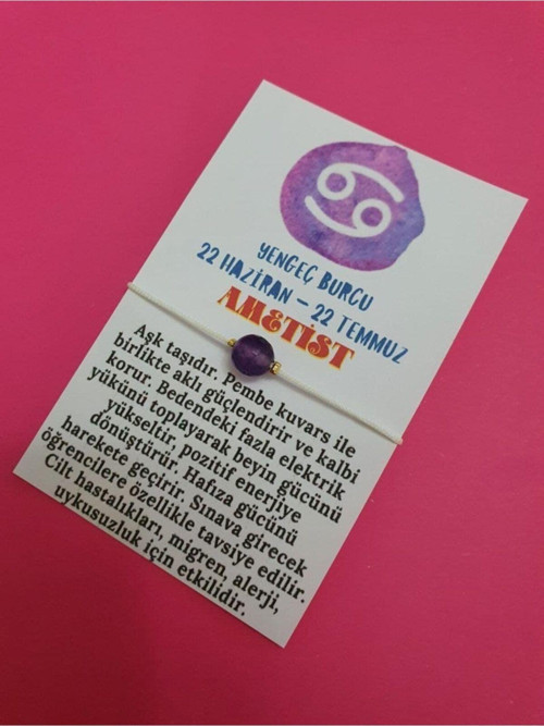 Sertifikalı Yengeç Burcu Ametist Doğal Taş Ip Burç Bilekliği