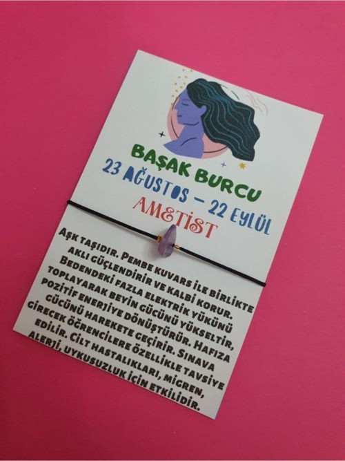 Sertifikalı Başak Burcu Ametist Doğal Taşlı Ip Burç Bilekliği
