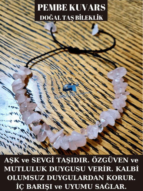 Sertifikalı Doğal Kırık Taş Pembe Kuvars Taşı Bileklik Asansörlü Kilit Sistemi