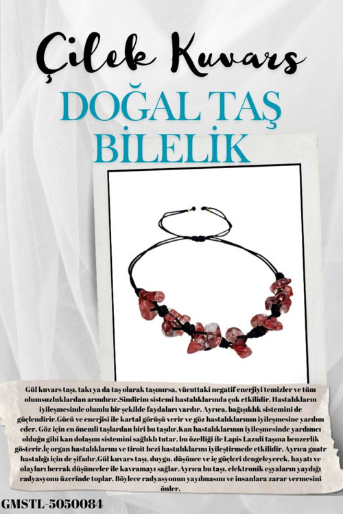 Doğal Taş Çilek Kuvars Bileklik Özel Tasarım El Yapımı Asansör Kilit Sistemi