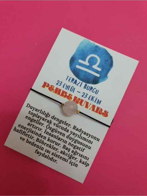 Sertifikalı Terazi Burcu Pembe Kuvars Doğal Taş Ip Burç Bilekliği
