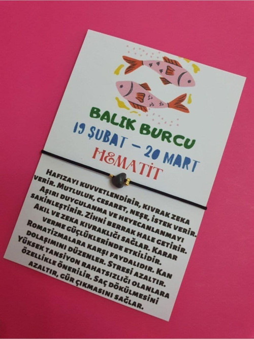 Sertifikalı Balık Burcu Hematit Doğal Taşlı Ip Burç Bilekliği