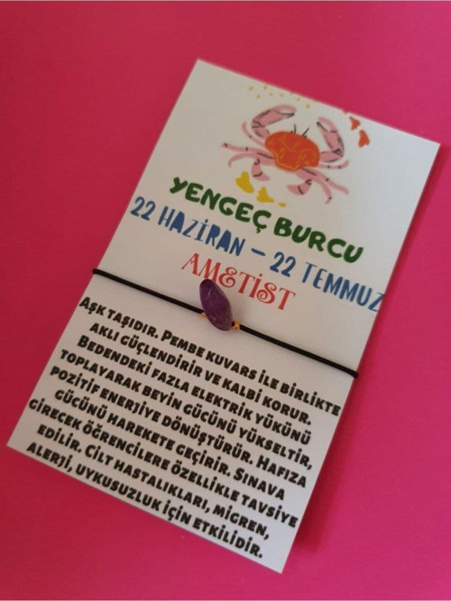 Sertifikalı Yengeç Burcu Ametist Doğal Taşlı Ip Burç Bilekliği