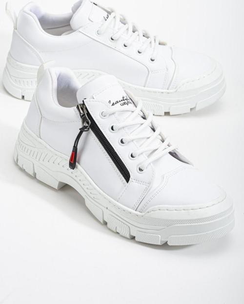 Kadın Beyaz Termo Taban Fermuar Detaylı Bağcıklı Günlük Ayakkabı