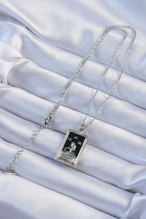 Zarif Kadın için Silver Çelik Zincir Zirkonlu Siyah Mineli Kız Tarot Kolye