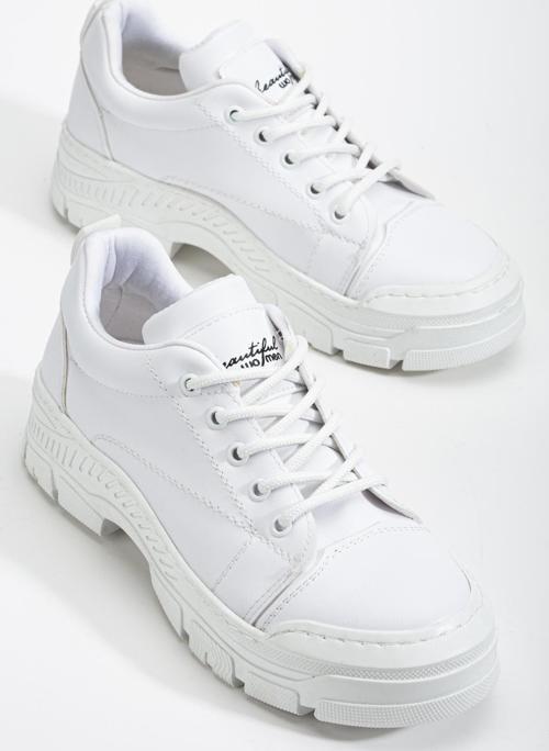 Kadın Beyaz Termo Taban Bağcıklı Günlük Ayakkabı