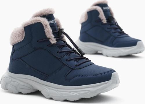 Çocuk Unisex Lacivert Faylon Taban İçi Kürklü Lastik Bağcıklı Bot