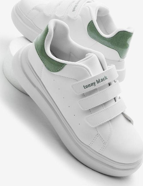 Çocuk Unisex Beyaz Su Yeşili Eva Faylon Taban Üç Cırtlı Spor Ayakkabı