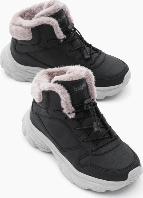 Çocuk Unisex Siyah Faylon Taban İçi Kürklü Lastik Bağcıklı Bot