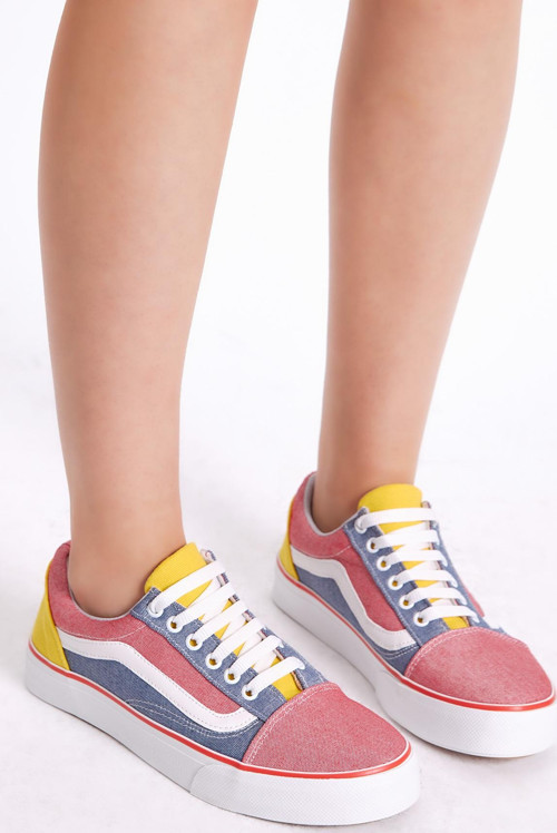 Kadın Kırmızı Lacivert Rahat Kalıp Yanı Şeritli Poli Taban Bağcıklı Sneaker