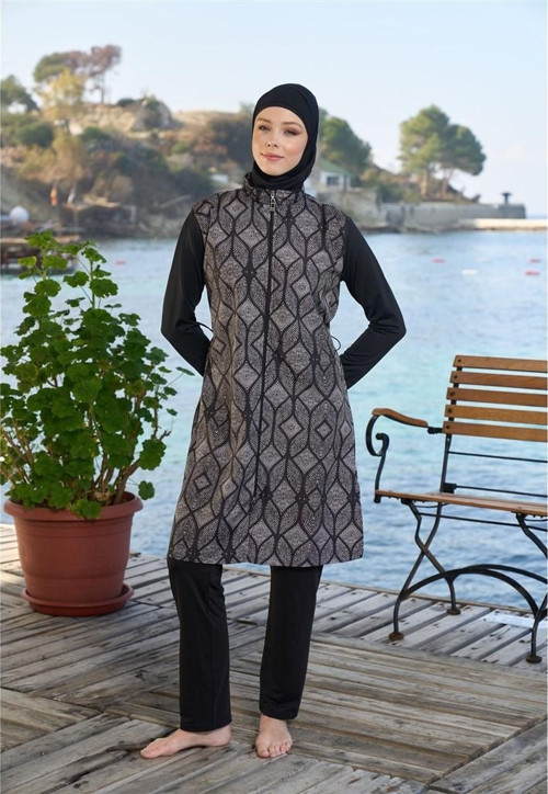 Dijital Baskı Boneli Eşarplı Tam Kapalı Tesettür Mayo