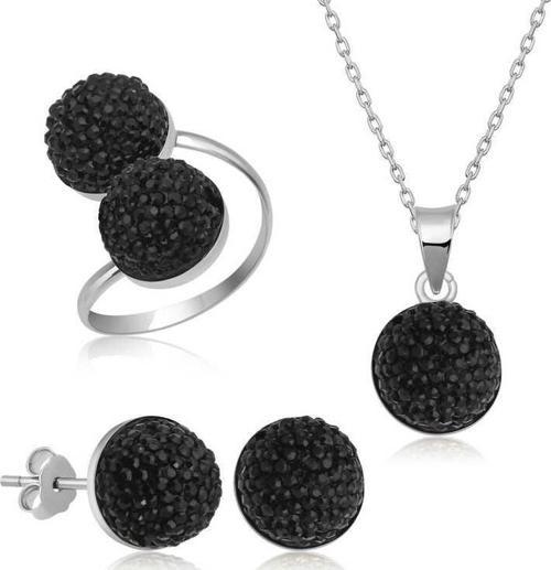 Gümüş Siyah Kristal Kadın Set SL4639