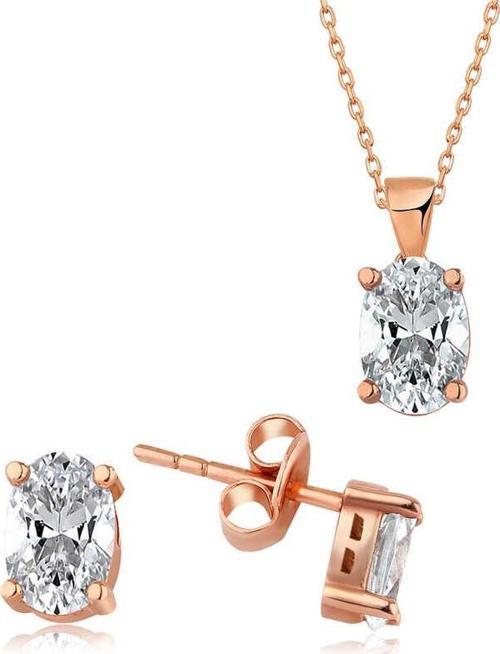 Gümüş Rose Oval Taş İkili Set SL3454