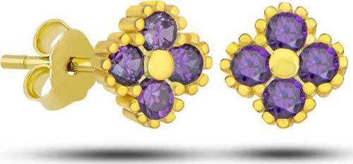 Gümüş Gold Yonca Çivili Mor Taşlı Çocuk Küpe SL5588