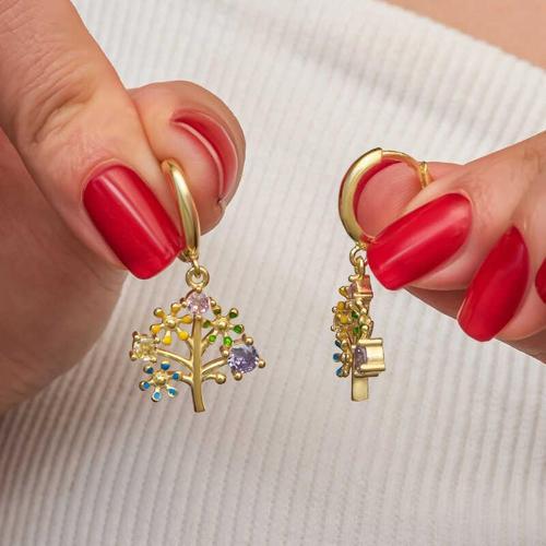 Gümüş Gold Renkli Taşlı Hayat Ağacı Kadın Küpe SL9020