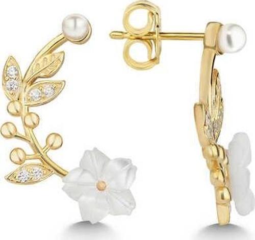 Gümüş Gold Sedef Çiçek Çivili Kadın Küpe SL5461