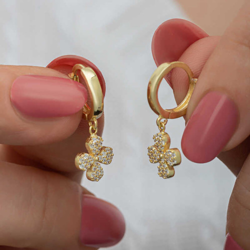 Gümüş Gold Sallantılı Yonca Kadın Küpe SL6589