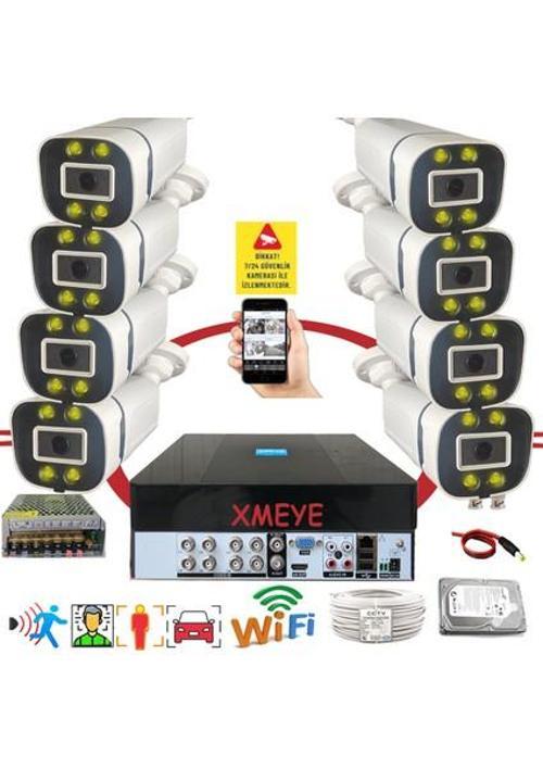 8 li Araç Yüz ve İnsan Tanımalı Hareket Algılayan 5 MP Lens 4 Warm Led Gece Renkli Gösteren Güvenlik Kamera Seti BS604W