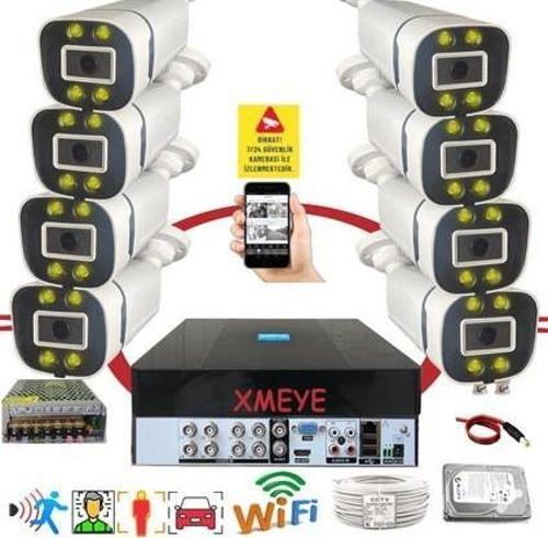 8 li Araç Yüz ve İnsan Tanımalı Hareket Algılayan 5 MP Lens 4 Warm Led Gece Renkli Gösteren Güvenlik Kamera Seti BS604W