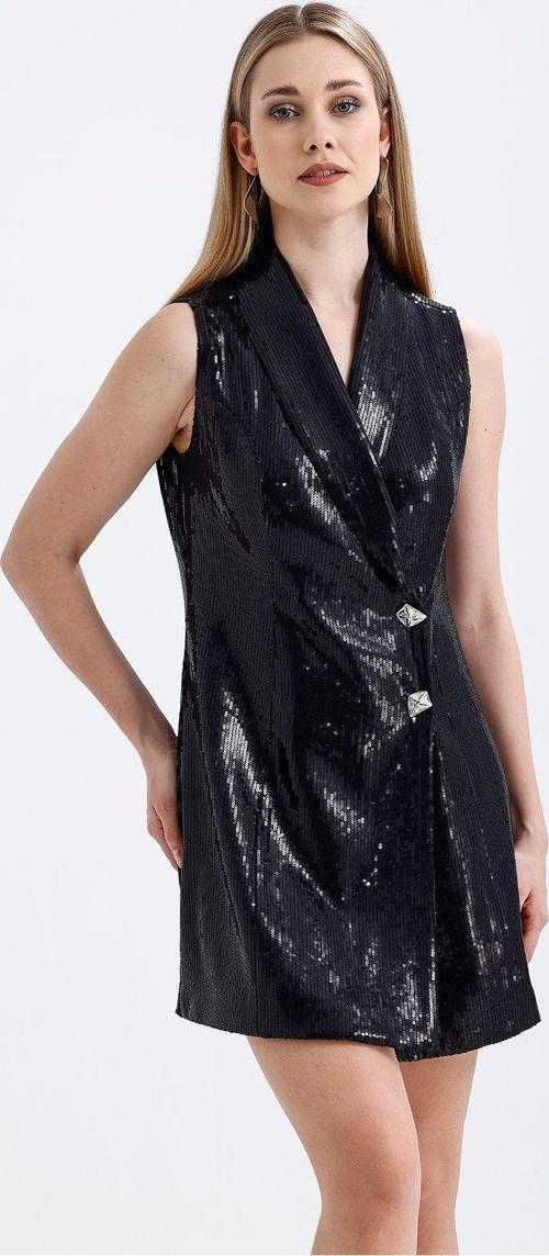 Astarlı Pulpayet Ceket Yakalı Kruvaze Abiye Ceket Elbise | Elb36091 Siyah