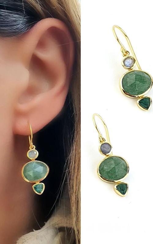 Labrodorite Yeşim ve peridot  Taşlı 925ayar Gümüş Üzerine Altın Kaplama Tasarım Küpe 