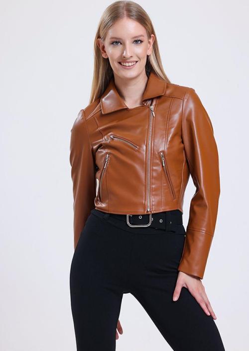 Fermuar Detaylı Sunı Deri Motorcu Montu | Ckt34499 Taba