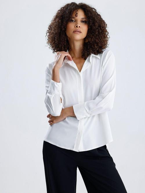 Dubai Kumaş Uzun Kol Gizli Pat Kadın Gömlek | Gml36145 Beyaz