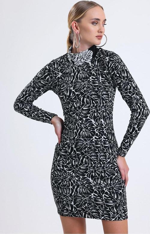 Yarım Balıkçı Jakarlı Kışlık Elbise | Elb35093 Ekru Siyah