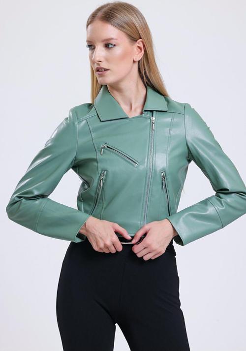 Fermuar Detaylı Sunı Deri Motorcu Montu | Ckt34499 Küf Yeşili