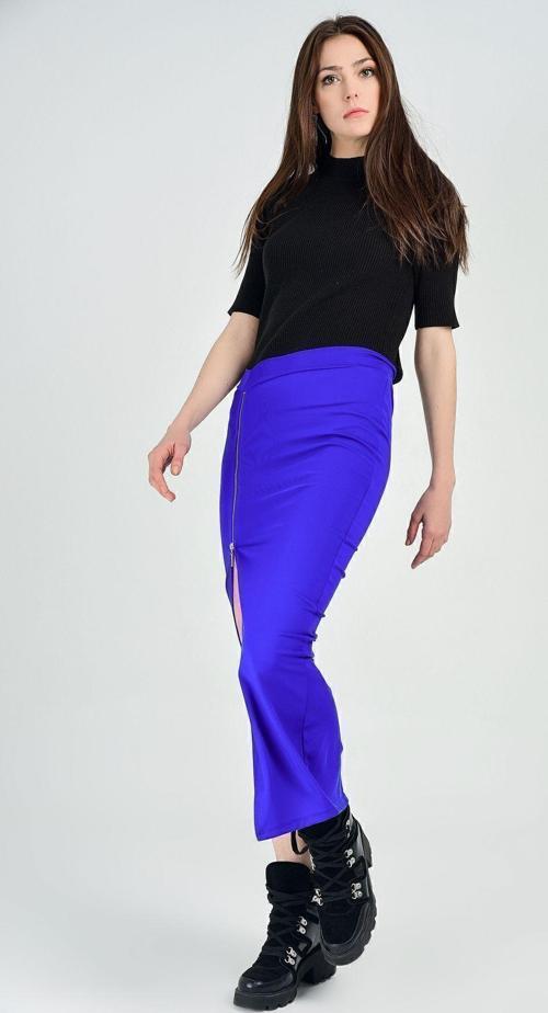 Önü Yırtmaclı Metal Fermuarlı Dalgıç Etek | Etk13348 Saks