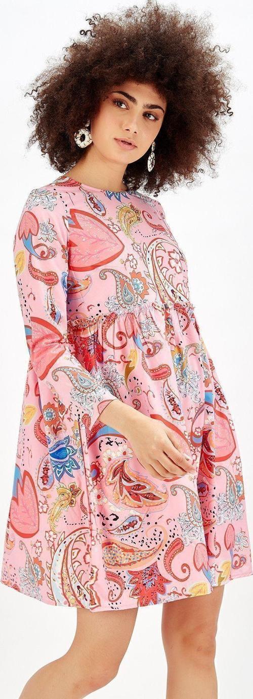 Göğüs Alti Büzgülü Havuz Yaka Desenli Elbise_Elb32126 Pembe Çiçekli