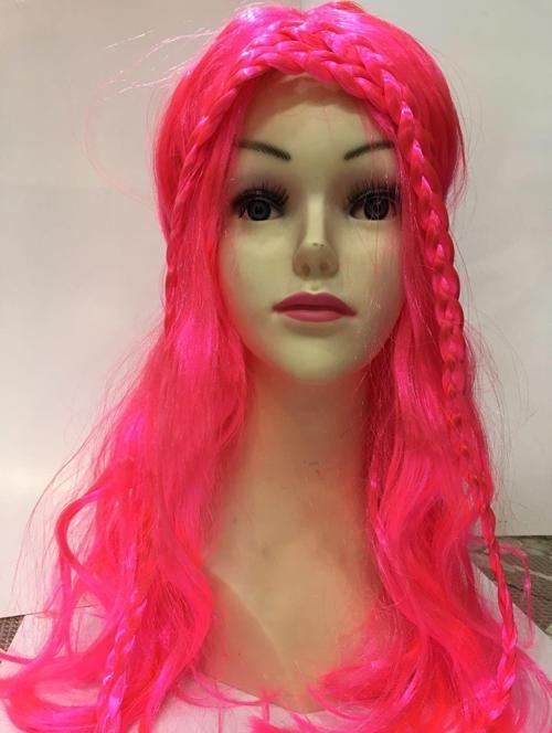 Neon Pembe Renk Örgülü Helen Karakter Peruğu Takma Saç