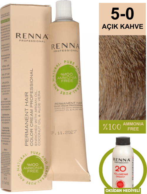 Bitkisel Amonyaksız Saç Boyası 60 Ml 5-0 Açık Kahve Oksidan Hediyeli