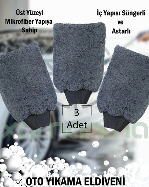3 Adet Oto Yıkama Eldiveni, Mikrofiber Eldiven, Cila Eldiveni, Mikrofiber Bez, İçi Astarlı Süngerli