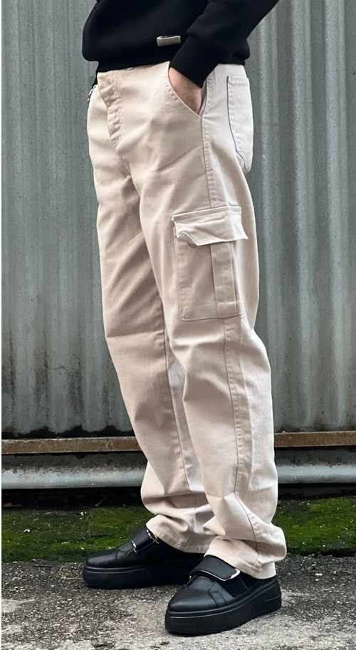 Erkek Boru Paça Baggy Kargo Pantalon Kkb Krem 34