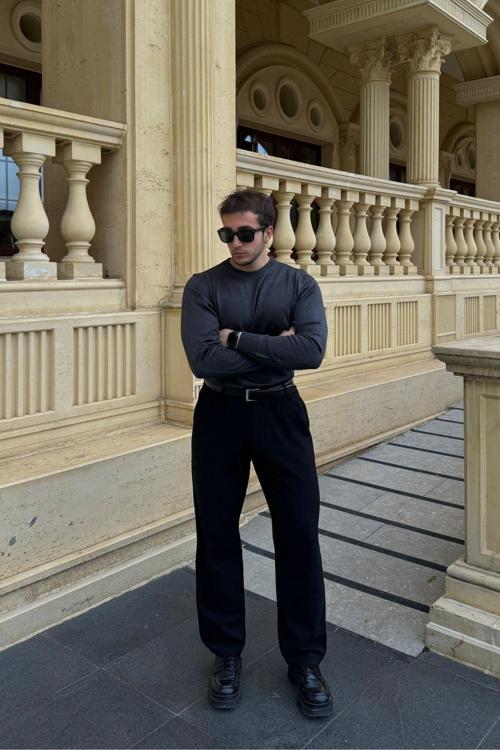 2025 Çift Pileli Rahat Kesim Klasik Bol Paça Baggy Pantolon Pl11 Siyah 3XL