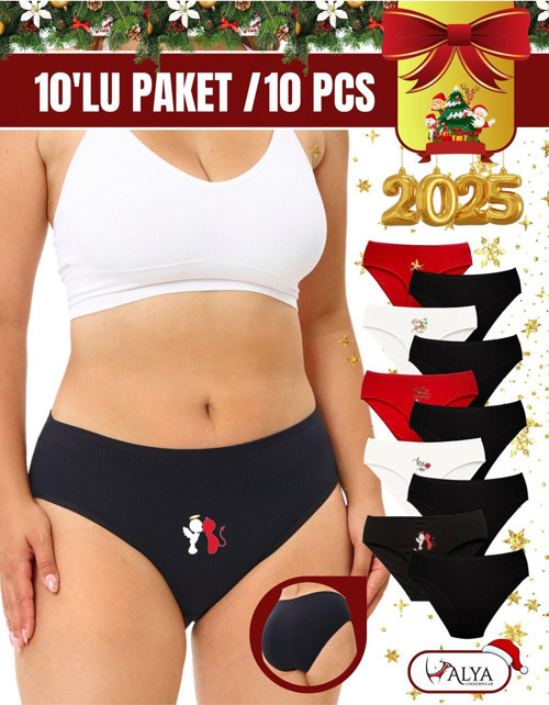 Kadın Pamuklu Kırmızı Siyah Beyaz Yeni Yıl Baskılı Külot, 10'lu Paket (MULTİCOLOR - X40)