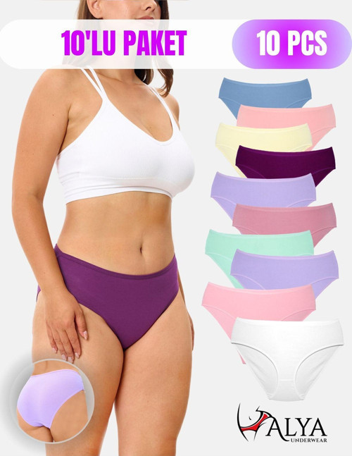 Kadın Külot Pamuklu Slip, Renkli, Büyük Beden Iç Çamaşırı 10'lu Paket ( Multicolor-x33 )