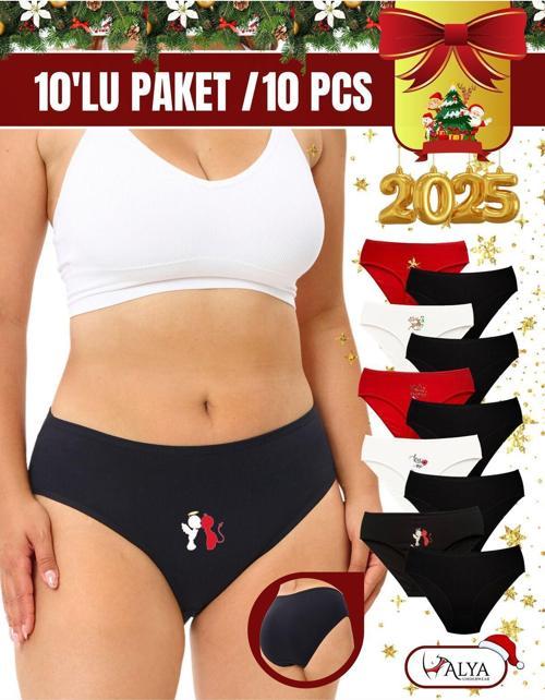 Kadın Pamuklu Kırmızı Siyah Beyaz Yeni Yıl Baskılı Külot, 10'lu Paket  (MULTİCOLOR - X40)