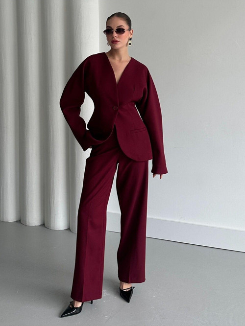 Bordo Lorah Belden Oturtmalı Ceket Pantolon Takım - 2025129