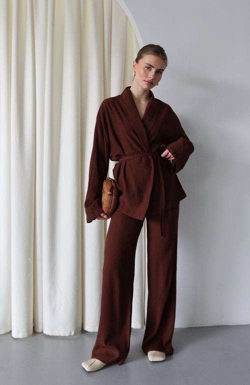 Acı Kahve Şal Yaka Kimono Takım - 912058