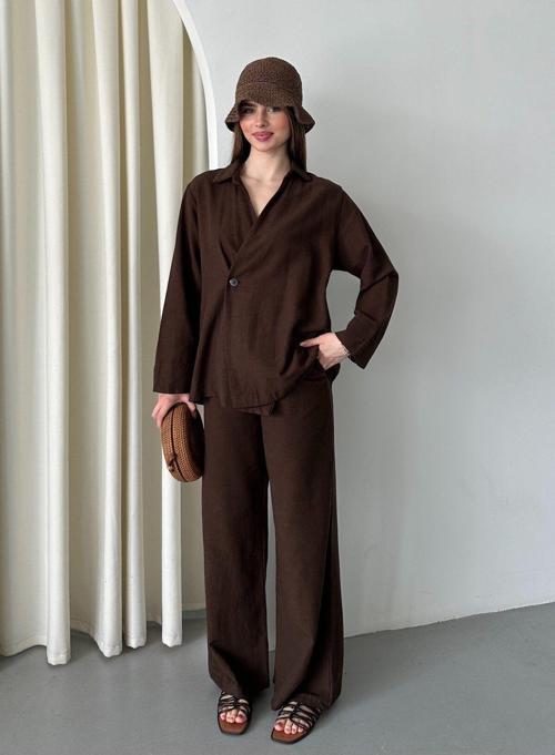 Kahverengi %100 Pamuk Kruvaze Kapama Tek Düğmeli Kimono Pantolon Takım - 8351
