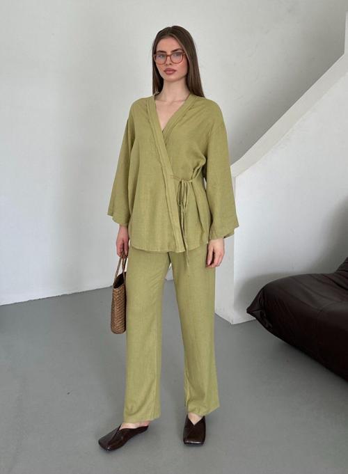 Haki Detaylı Yan Bağlamalı Keten Kumaş Kimono Takım - 8373